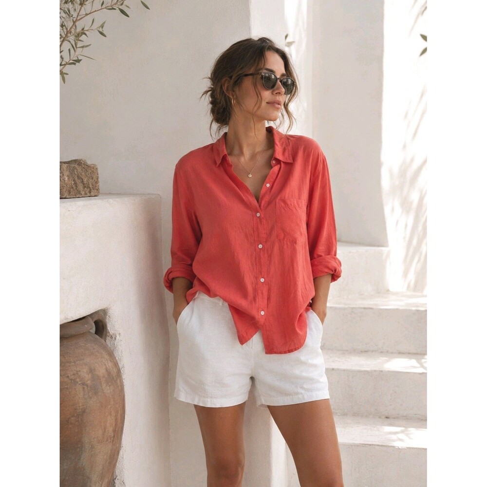 Gap 100% Linen Boyfriend Button Down Shirt Long Sleeve Womens Sz M Pink Coral